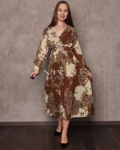 Barna-bézs színű, pliszírozott muszlin ruha övvel S/M/L