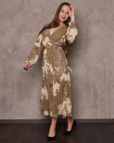 Cappuccino-bézs színű, pliszírozott muszlin ruha övvel S/M/L