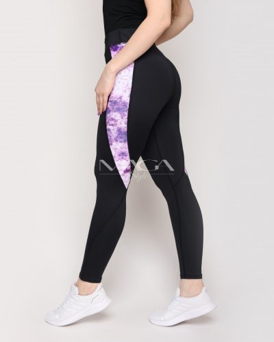 Fekete színű, lila virág mintás leggings S, M, L, XL